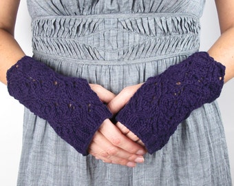 Hand Knit Purple Lace Fingerless Gloves, Merino Wool & Silk