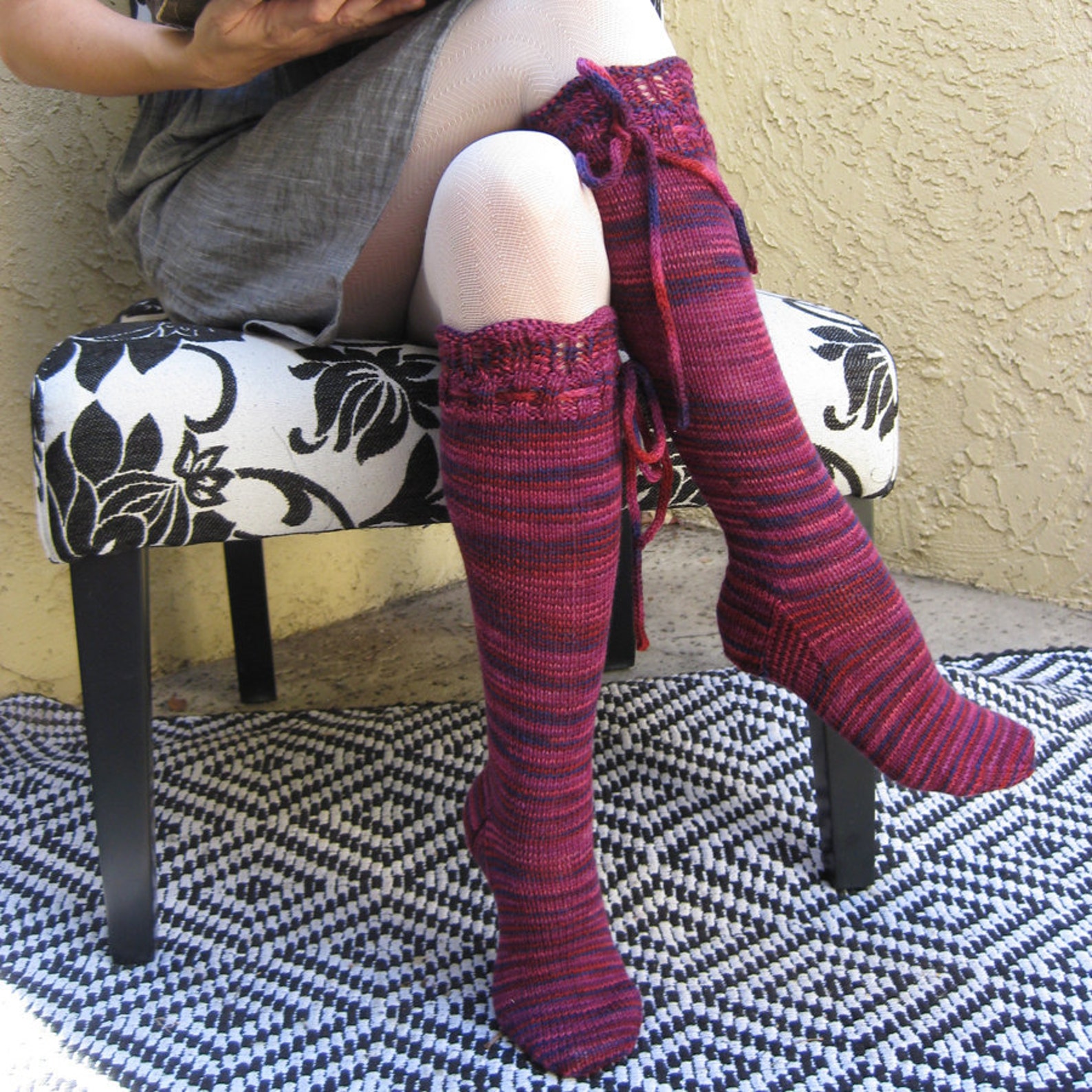 Knee High Socks Black Cherry With Ties Merino Wool Hand Knit Etsy