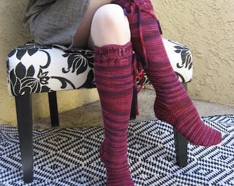 Knee High Socks Black Cherry With Ties Merino Wool Hand Knit