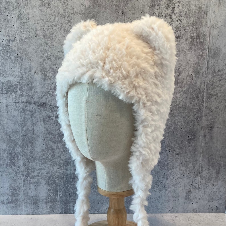Hat with Ears White Polar Bear Animal hat with Ears Hand Knit White Faux Fur Hat with Ears White Fake Fur Hat with Ears 画像 5
