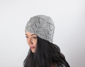 Cloche Hat Merino Wool Dove Gray Lace Hand Knit Woman's Grey Knit Hat