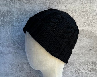 Black Beanie Cable Knit Hand Knit Merino Wool Hat
