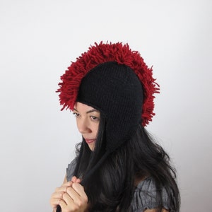 Red Mohawk Hat Cherry Red Ear Flap Hat Wool Hand Knit