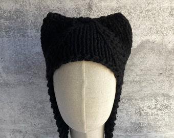Black Hat with Ears Cat Hat Black ACRYLIC Yarn Hand Knit Raven Black Kawaii Fashion