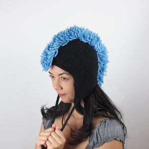 Blue Mohawk Hat Baby Blue Ear Flap Hat Wool Hand Knit