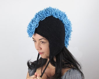 Blue Mohawk Hat Baby Blue Ear Flap Hat Wool Hand Knit