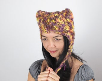 Kitty Hat Cat Hat Purple and Lemon Yellow Wool Hand Knit