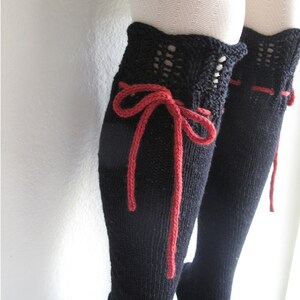Knee High Socks Classic Black Lace Merino Wool with Red Ties hand knit image 5