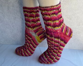 Lace Socks Raspberry Pink Lemonade Multi Color Hand Knit Merino Wool Self Striping Crazy Socks