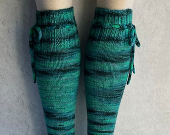 Knee High Malachite Socks Spiral Stripe Emerald Green Women hand knit with ties Hand Knit Merino Wool Crazy Socks