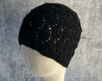 Gorro de seda Merino lana gorro encaje negro cuervo tejido a mano gorro cloche