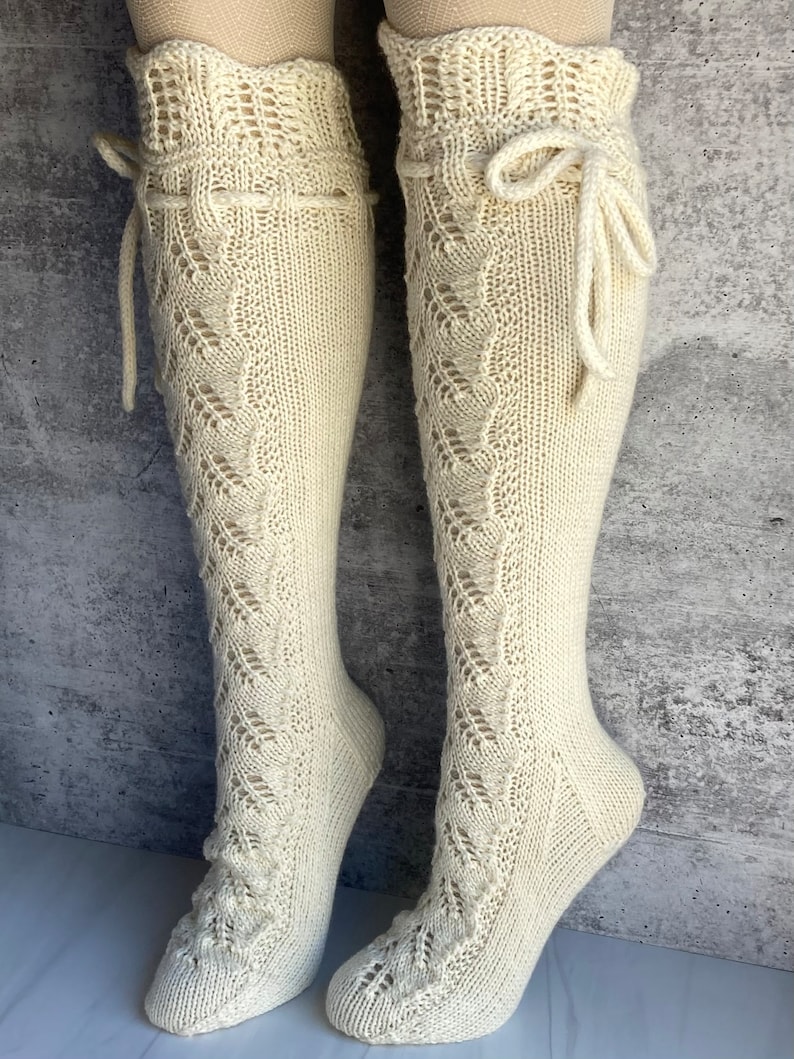 Knee High Socks Lace Panel Cream White Wedding Merino Wool with Ties Hand Knit Perfect Cream Lace zdjęcie 4