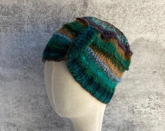 Beanie Wool Hat Noro Japanese Wool Striped Green Gold Purple Turquoise Hand Knit Beanie Hat Cloche