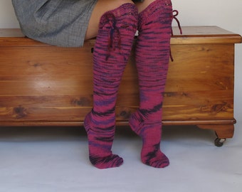 Knee High Socks Hot Pinks and Purples Lace Merino Wool with Ties hand knit