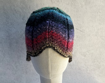 Beanie Wool Hat Striped Noro Japanese Wool Multi Woodland Forest Red Purple Turquoise Green Rainbow Colors Hand Knit Beanie Hat Cloche