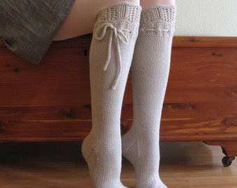 Knee High Socks Silver Lace Hand Knit Merino Cashmere Wool Blend