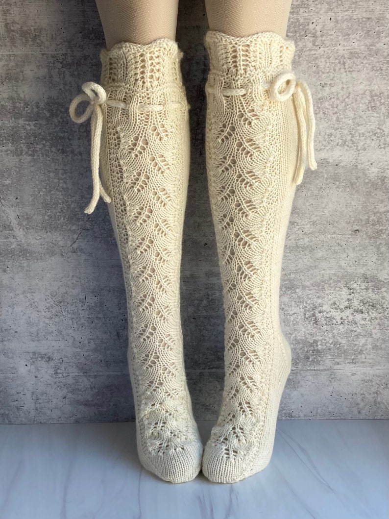 Knee High Socks Lace Panel Cream White Wedding Merino Wool with Ties Hand Knit Perfect Cream Lace zdjęcie 2