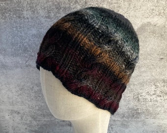 Beanie Cable Knit Wool Hat Noro Japanese Wool Striped Neutrals Green Gold Red Black and Gray Hand Knit Beanie Hat Cloche Skull Cap