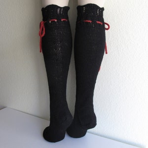 Knee High Socks Classic Black Lace Merino Wool with Red Ties hand knit image 3