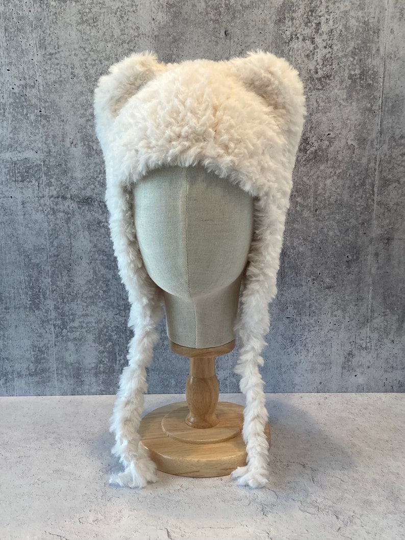 Hat with Ears White Polar Bear Animal hat with Ears Hand Knit White Faux Fur Hat with Ears White Fake Fur Hat with Ears 画像 3