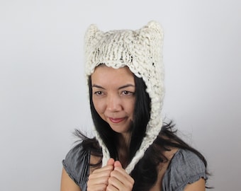 White Kitty Hat Cat Hat in White Hat Hand Knit Merino Wool Hat