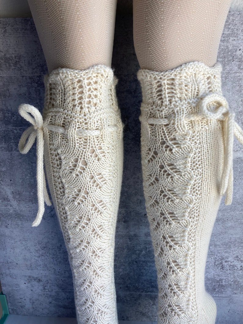 Knee High Socks Lace Panel Cream White Wedding Merino Wool with Ties Hand Knit Perfect Cream Lace image 5