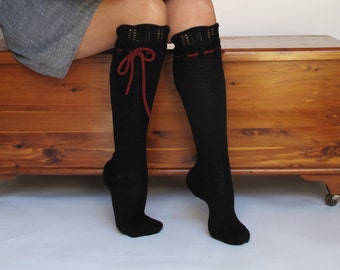 Knee High Socks Raven Black Lace Hand Knit Merino Cashmere Wool Blend