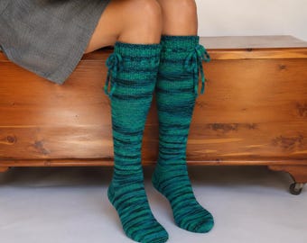 Knee High Malachite Socks Spiral Stripe Emerald Green Women hand knit with ties and lace detail Hand Knit Merino Wool Crazy Socks