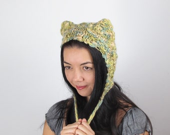 Yellow Yellow Kitty Hat Cat Hat Lemon Yellow and Lime Green Wool Hand Knit