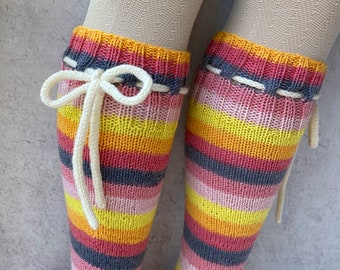 Stockings Pink Gray Orange Yellow Easter Egg Striped Socks Merino wool Socks with ties