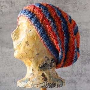 Orange Blue Striped Lace Beanie Hat in Hand Knit Merino Wool
