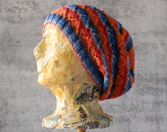 Orange Blue Striped Lace Beanie Hat in Hand Knit Merino Wool