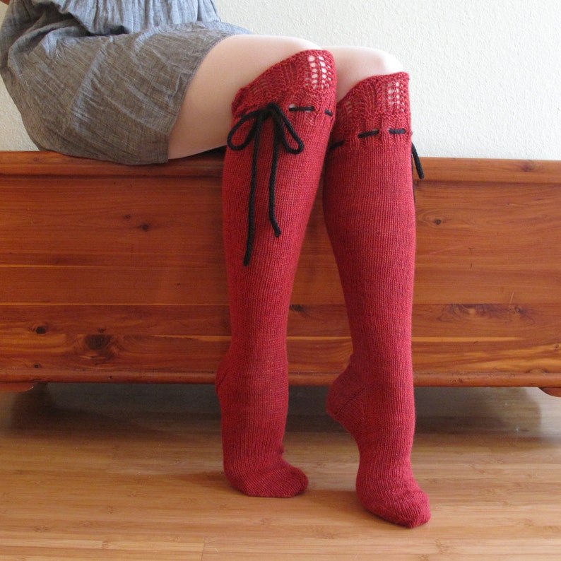 Knee High Socks Classic Red Lace With Black Ties Hand Knit Etsy