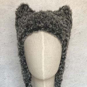 Hat with Ears Black and Gray Wolf Hat Animal Hat in Hand Knit Luxe Faux Fur
