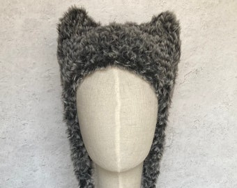 Hat with Ears Black and Gray Bear Hat Animal Hat in Hand Knit Luxe Faux Fur