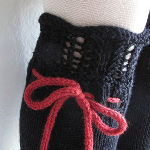 Knee High Socks Classic Black Lace Merino Wool with Red Ties hand knit image 4