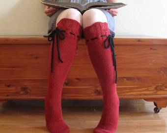 Knee High Socks Classic Red Lace with Black Ties hand knit