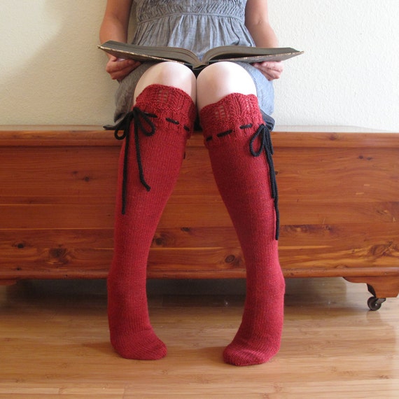 Knee High Socks Classic Red Lace With Black Ties Hand Knit 