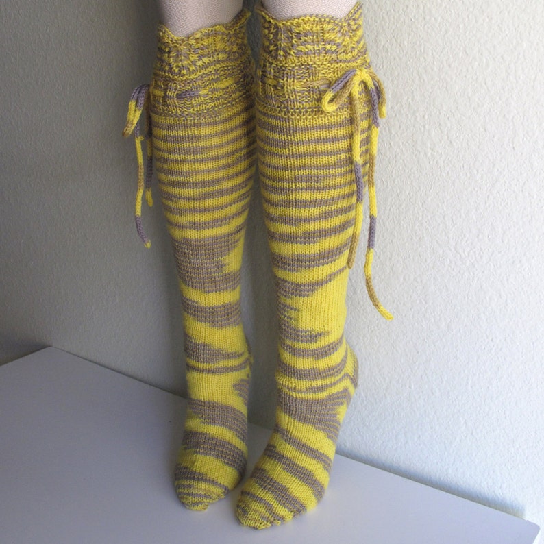 Knee High Socks Yellow and Grey Lace Merino Wool with Ties hand knit image 2