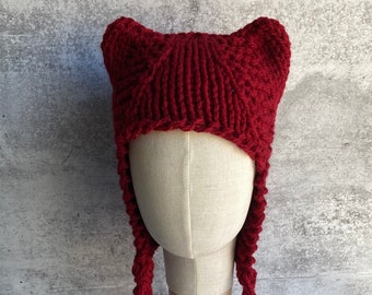 Hat with Ears Red Cat Hat ACRYLIC yarn Hot Kitty Hat Cat Red Yarn Hand Knit Hot Red