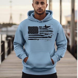 Fishing Hoodie, Father&#39;s Day Gift, Fishing Hoodie with American Flag, Patriotic Sweatshirt, Present for Fisherman, Fisherman Dad Hoodie