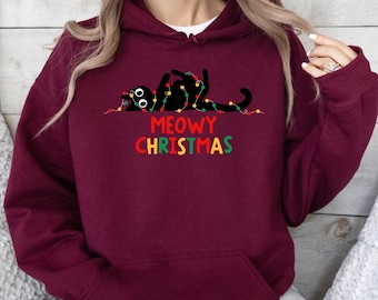 Meowy Christmas Hoodie, Christmas Cat Sweatshirt, Cat Mom Hoodie, Cat Lover Gift Hoodie, Christmas Cat Light Hoodie, Holiday Sweatshirt
