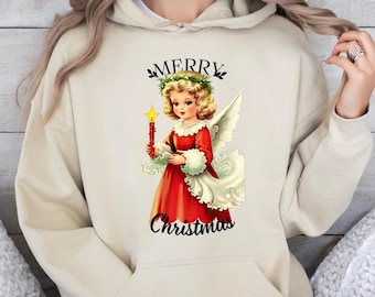 Retro Christmas Angel Sweatshirt, Women Christmas Hoodie, Christmas Holiday Sweatshirt, Cute Gift for Christmas, Christmas Crew Hoodie