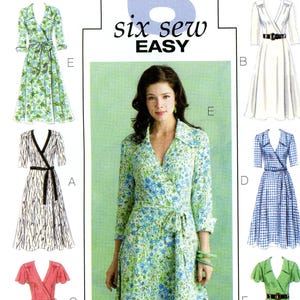 May include: Butterick B5030 sewing pattern featuring six easy-to-sew wrap dresses. The pattern includes various styles, such as a floral print dress, a white dress with a black belt, and a gingham dress. The text "six sew EASY" is visible.
