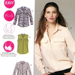 May include: McCall's sewing pattern M6436 featuring shirt designs. The pattern includes options for different cup sizes and styles, with a woman wearing a light-colored shirt as an example. The pattern is labeled "Easy" and "Plus" sizes.