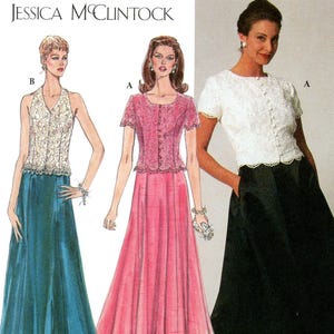 May include: Simplicity sewing pattern featuring Jessica McClintock designs. The pattern includes options for formal dresses with lace bodices and long skirts. The image shows illustrations of the finished garments in teal, pink, and black.