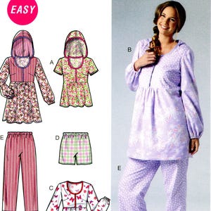 May include: McCall's M6472 sewing pattern featuring sleepwear designs. The pattern includes options for a hooded top, shorts, pants, and a dress. The main image shows a woman wearing a light purple pajama set with a floral pattern. The pattern is labeled "EASY".