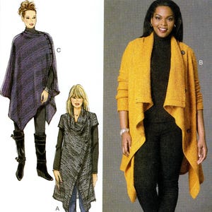 May include: McCall's sewing pattern M7262 featuring three different women's fashion designs. The pattern includes a poncho, a long vest, and a draped cardigan. The size is B5 (8-10-12-14-16).