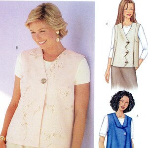 May include: A Butterick sewing pattern package, featuring a woman wearing a light pink vest with floral embroidery and a large button. The package includes the text "3016" and "Today's Fit".