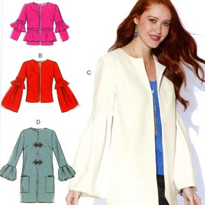 May include: McCall's M7730 sewing pattern for Misses' jackets. The pattern includes views A, B, C, and D, with sizes A5 (6-8-10-12-14). The image shows a woman wearing a cream-colored jacket with bell sleeves.